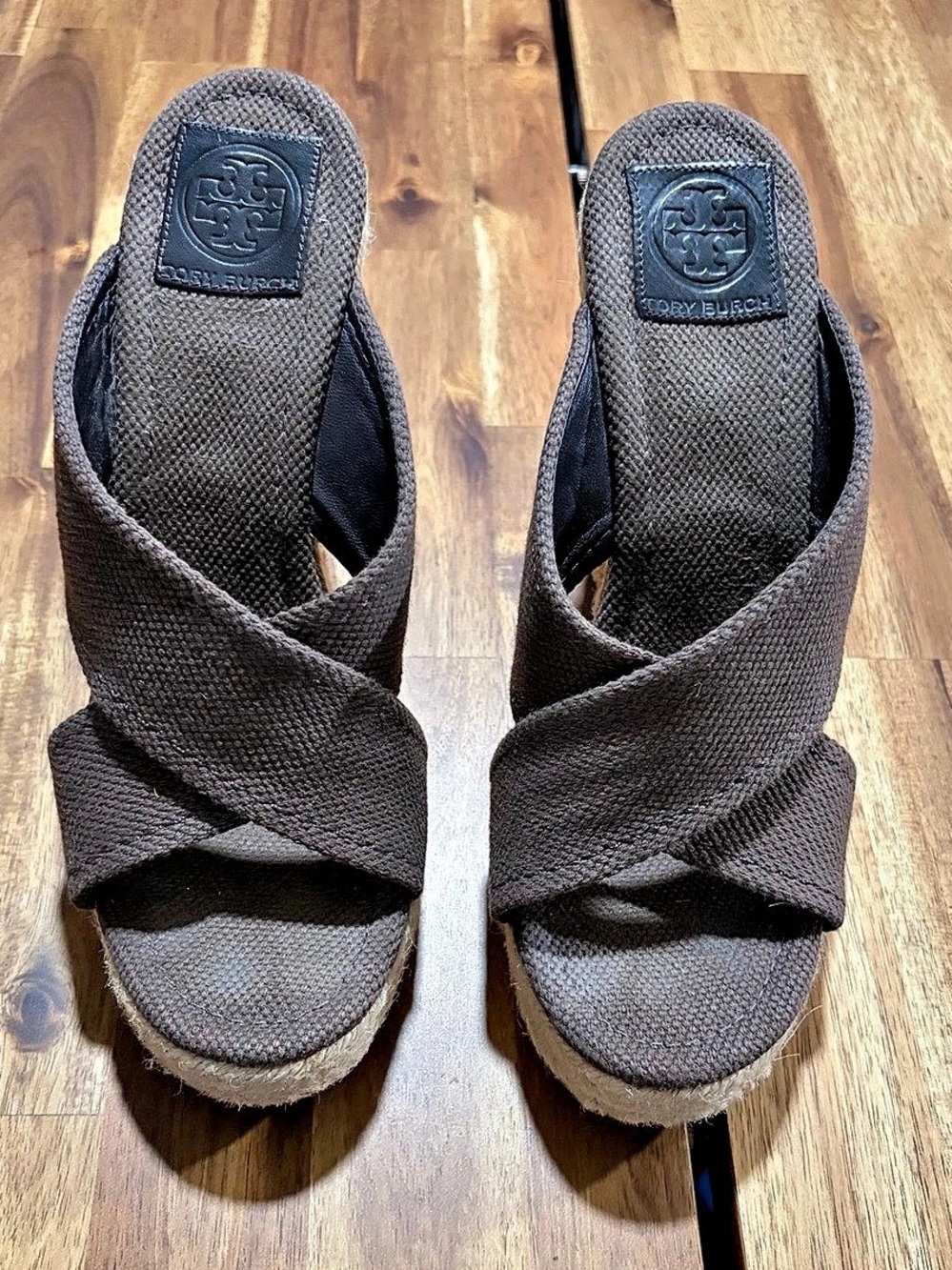 Tory Burch Brown Criss Cross Espadrille Wedge  Cream with Gold Initials Sandals